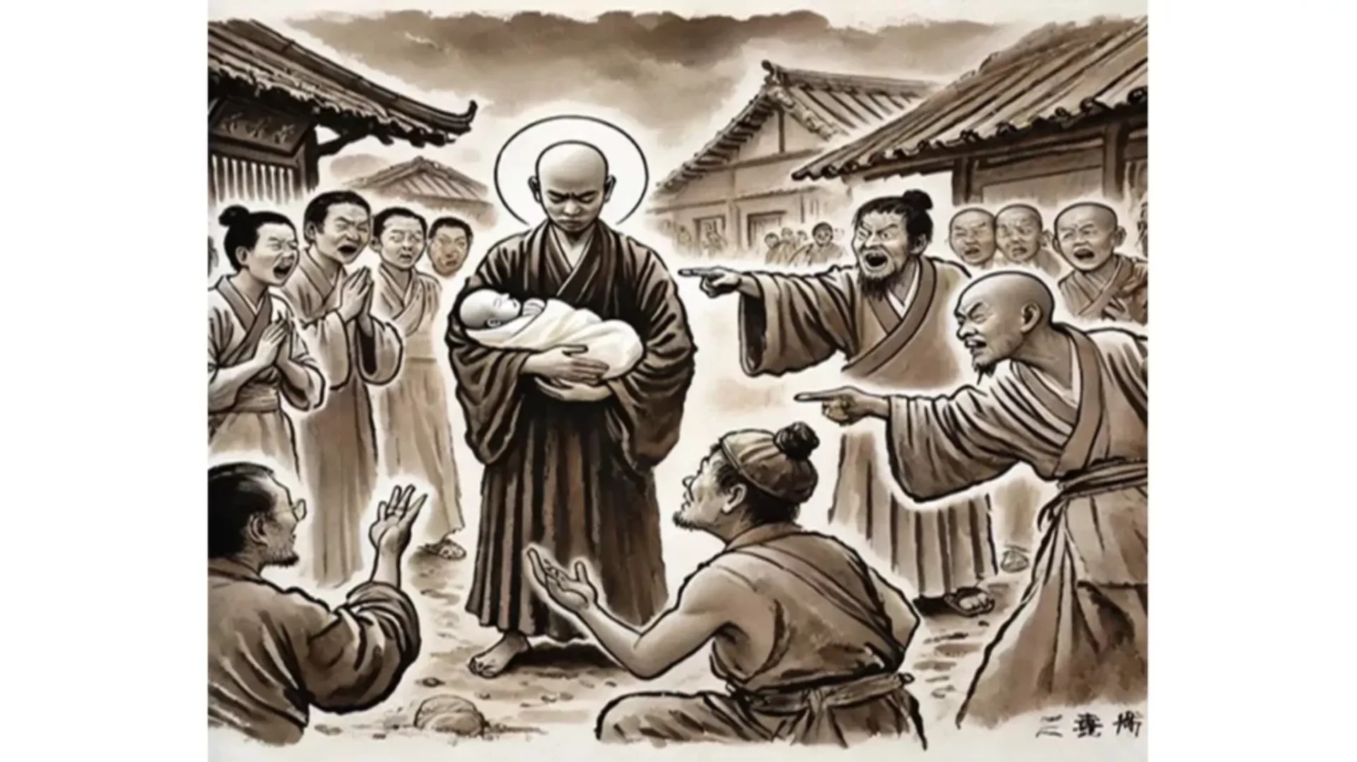 Thiền sư vẫn bình thản nhận đứa trẻ (Nguồn Internet)