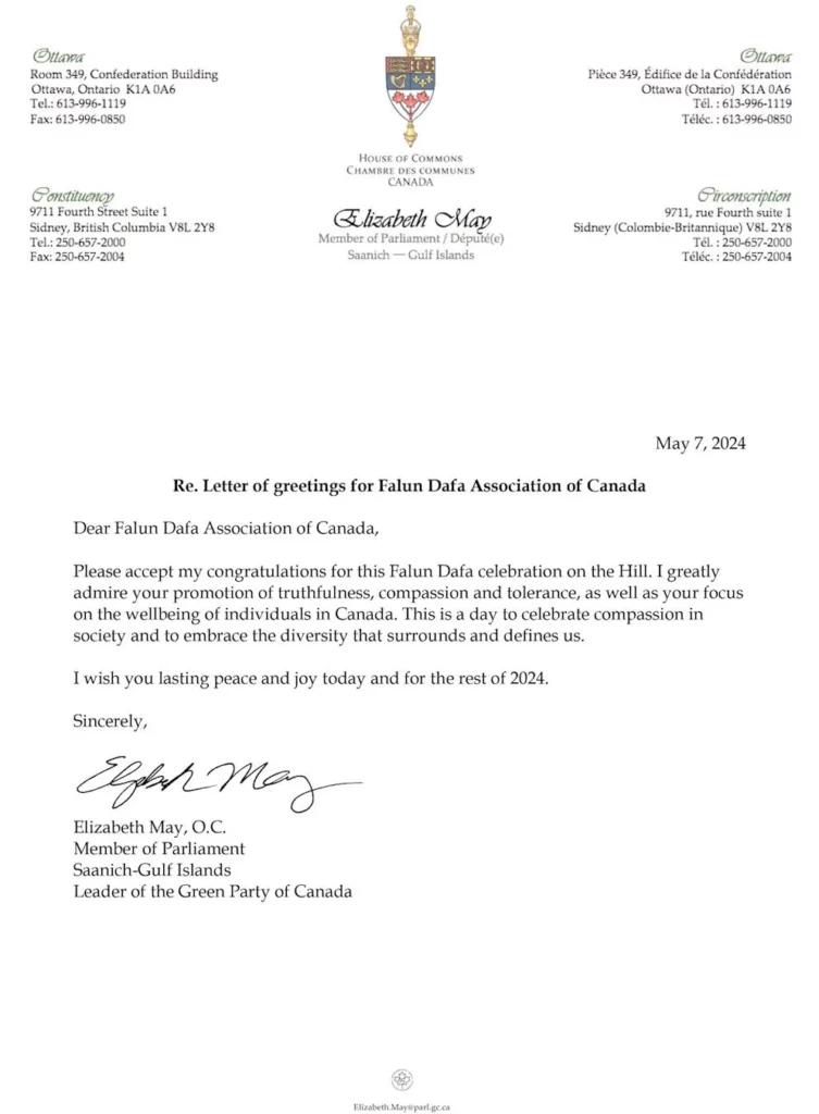 
Thư của Nghị sĩ Quốc hội Elizabeth May, Lãnh đạo Đảng xanh của Canada