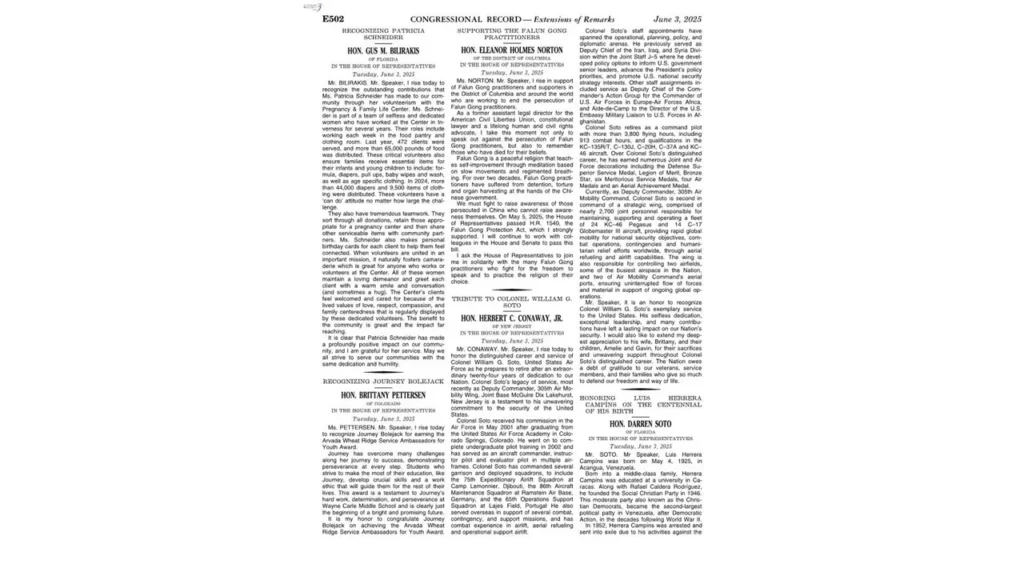 Bài phát biểu ủng hộ các học viên Pháp Luân Công của Nghị sỹ Eleanor Holmes Norton tại Hạ viện ngày 3 tháng 6 năm 2025 được đưa vào Biên bản họp của Quốc hội.