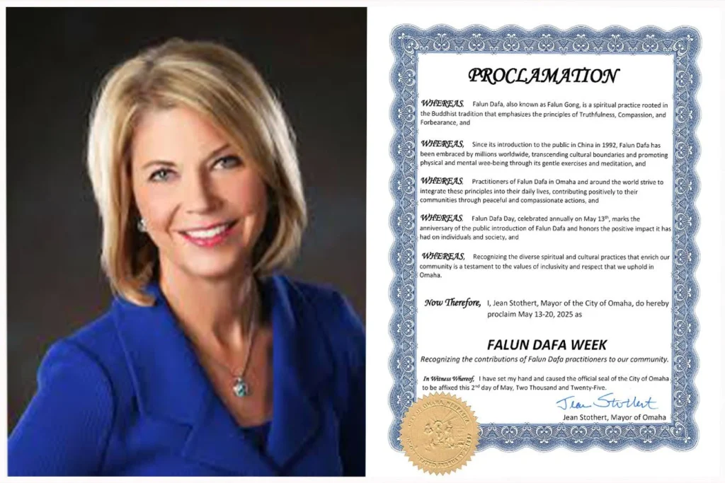 Bà Jean Stothert, thị trưởng Omaha, Nebraska, tuyên bố Tuần lễ Pháp Luân Đại Pháp.