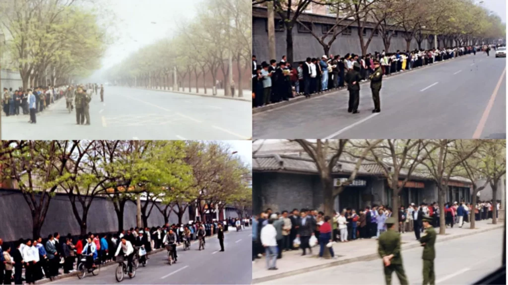 Hình ảnh cuộc thỉnh nguyện của các học viên Pháp Luân Công. Họ im lặng đứng thành hàng dọc, giữ thái độ trật tự, không gây rối hay ảnh hưởng đến người qua lại