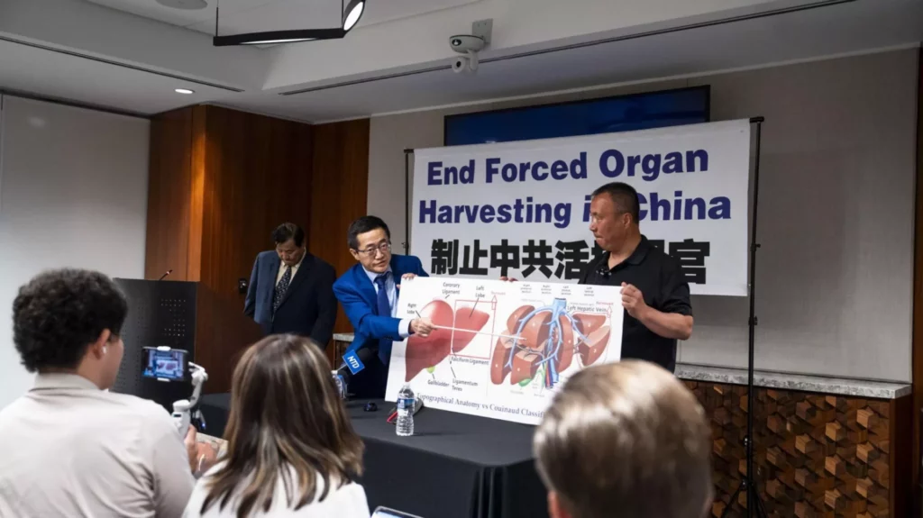 Bác sĩ Lý Tường Xuân (áo xanh) đang phân tích cấu trúc gan tại cuộc họp báo