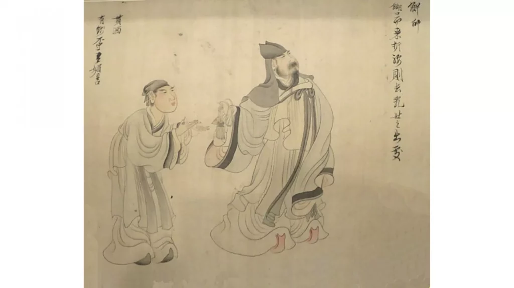 "Từ bỏ con dấu chính thức" từ cuộn giấy tay Cảnh báo trong cuộc đời của Đào Uyên Minh của Trần Hồng Thọ (1598–1652), Triều đại nhà Thanh, niên đại 1650, mực và màu trên lụa, được lưu giữ tại Bảo tàng Nghệ thuật Honolulu (nguồn Wikipedia)