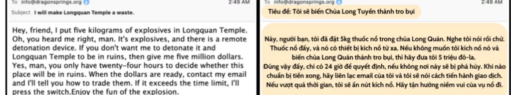 Email đe dọa được gửi đến Long Tuyền, cơ sở đào tạo của Shen Yun