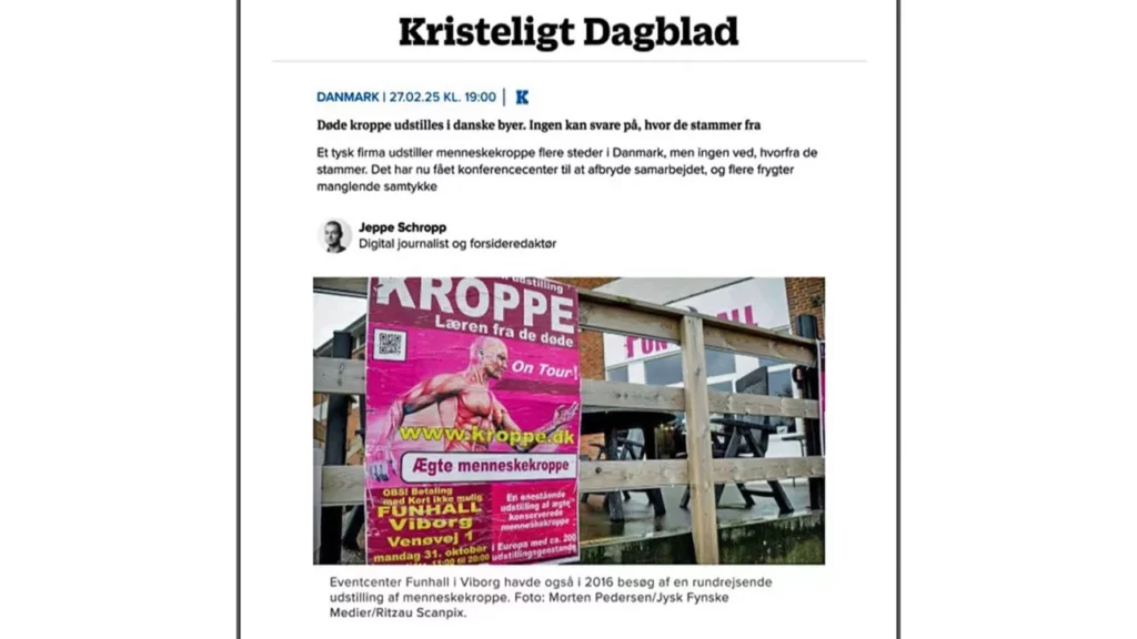 Hình 3: Kristeligt Dagblad (Christian Daily) đưa tin về nguồn gốc không rõ ràng của các mẫu vật trong triển lãm thi thể.