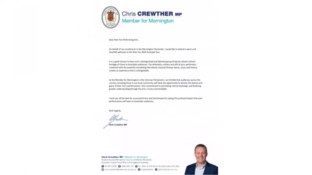 Toàn văn thư chúc mừng của Nghị sĩ bang Victoria, Trợ lý Bộ trưởng Nội các Chris Crewther MP