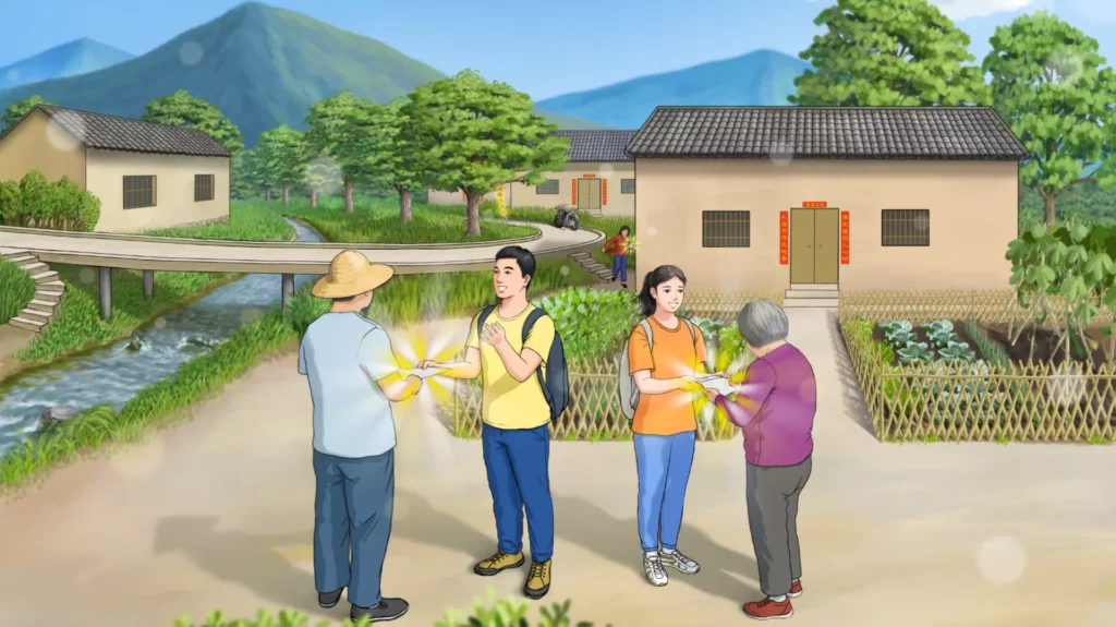 Tranh vẽ các học viên Pháp Luân Đại Pháp tiếp tục giảng chân tướng