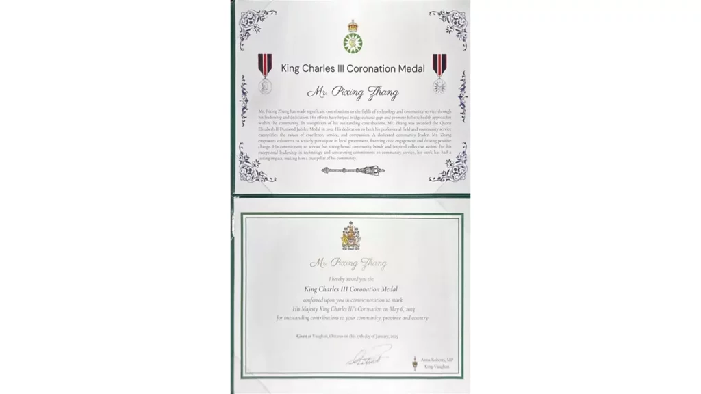 Học viên Pháp Luân Công người Canada, Trương Phi Hưng, đã được trao tặng Huân chương Đăng quang của Vua Charles III vào ngày 17 tháng 1 năm 2025
