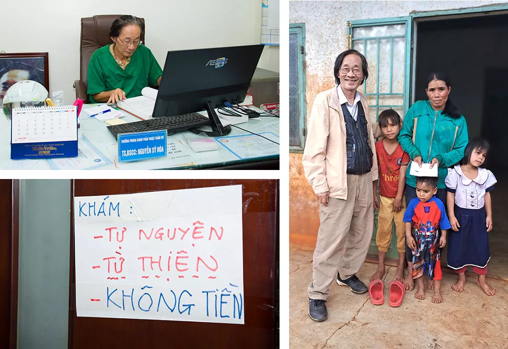 Ảnh bác Hoá khám bệnh miễn phí, giúp đỡ người có hoàn cảnh khó khăn. (Ảnh nhân vật cung cấp)